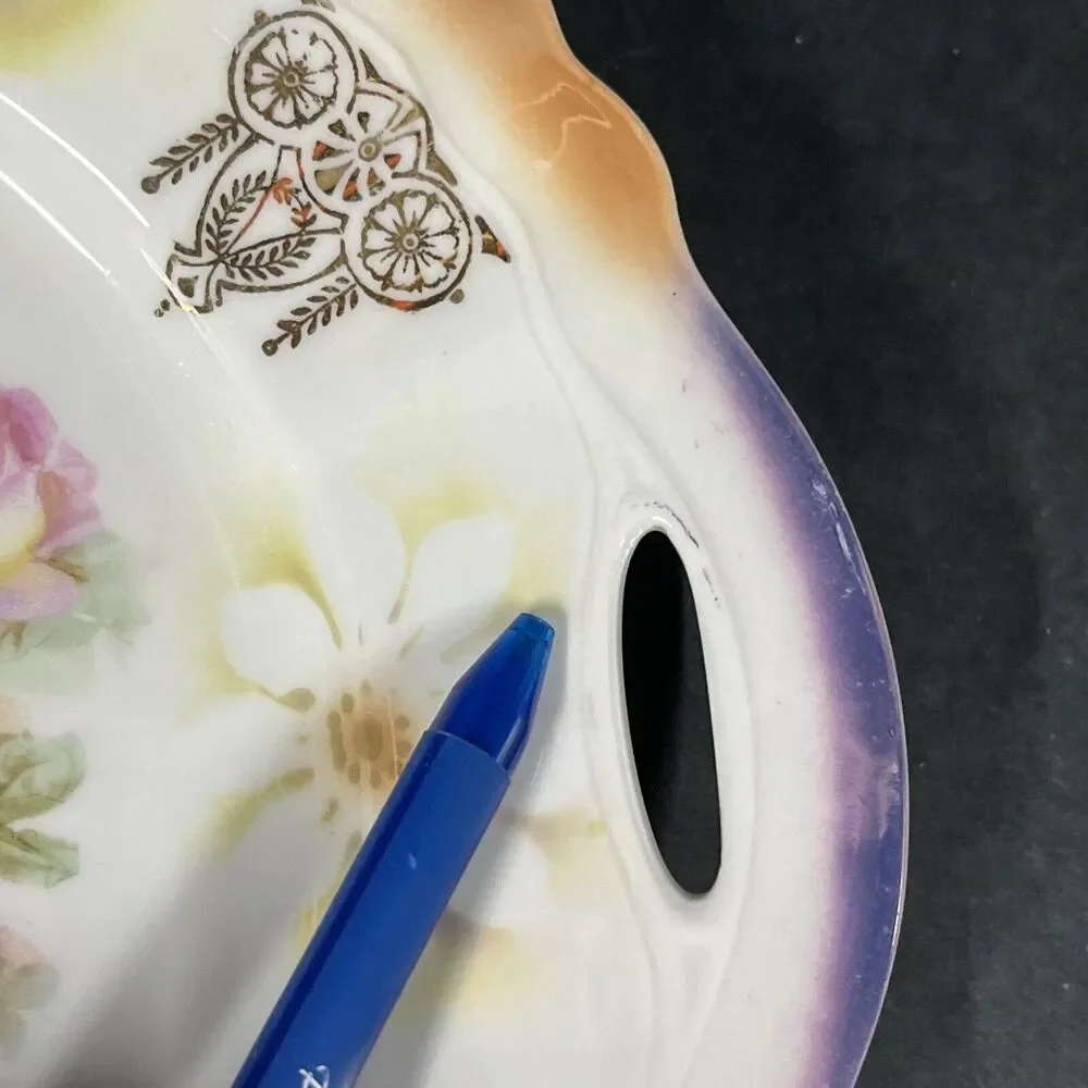 VTG German Porcelain Lusterware Roses Flowers Enclosed Handle‎ Cake Plate 9.75”